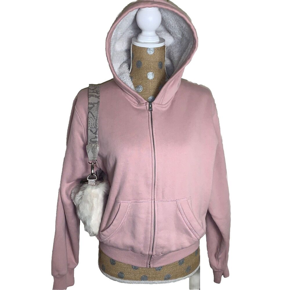 Vintage Hollister Y2K Fur Baby Pink Hoodie Full Zip Sweatshirt Jacket Soft XS
